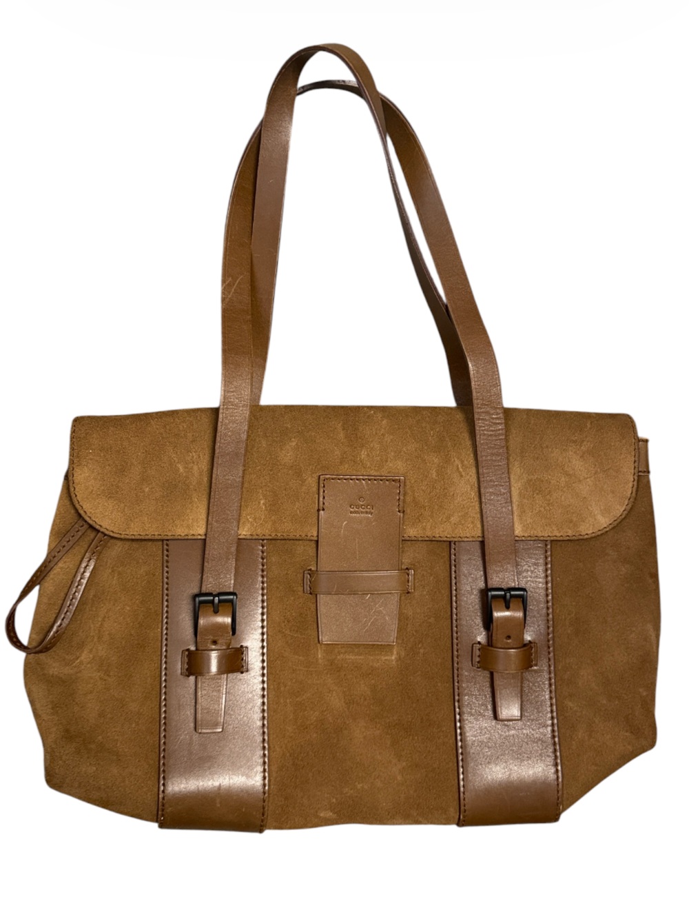 Vintage Gucci Brown Suede Buckle  Leather Trim Shoulder Bag Cargo Tote - Picture 3 of 9